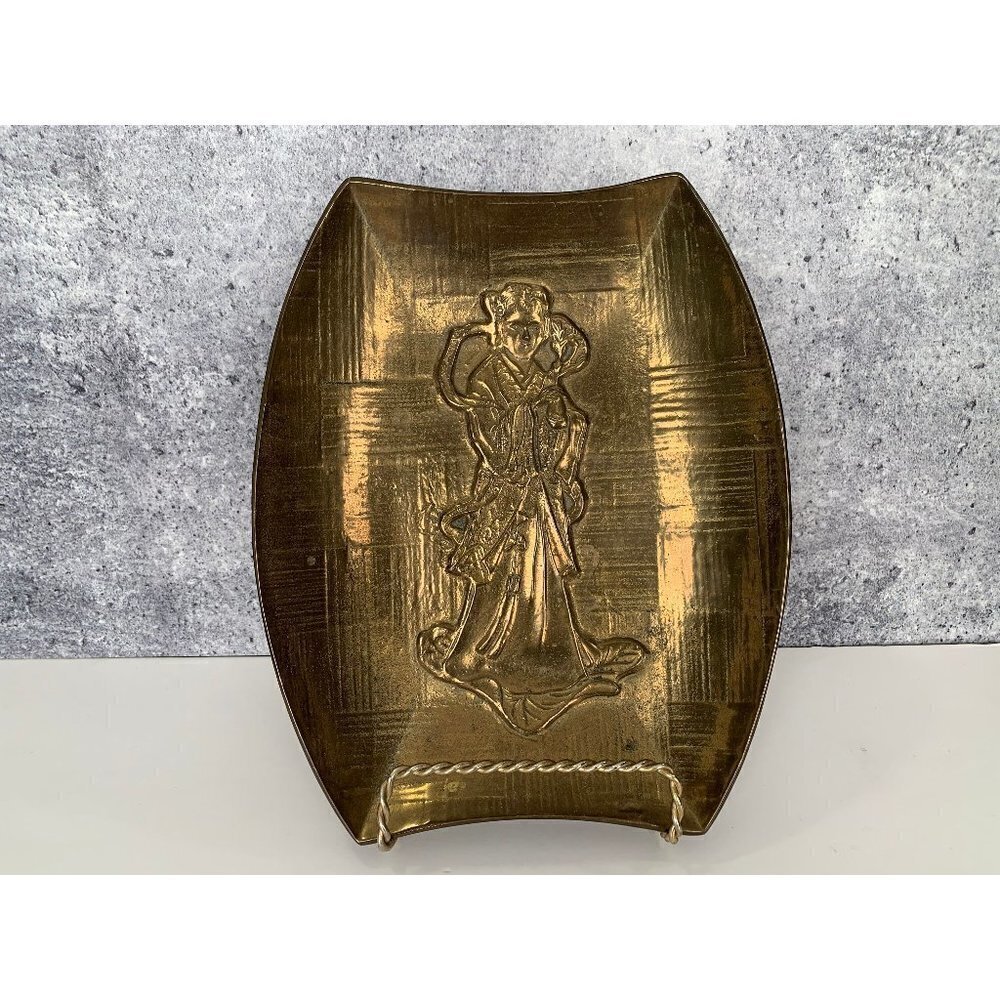 Decorative Brass Tray/Plate Made in Taiwan Woman Wearing Dress Vintage